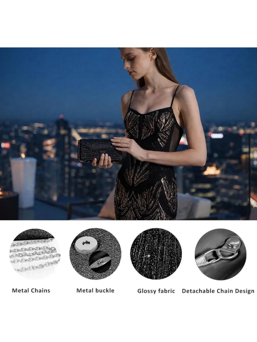👜 Women's Black Wedding Bag Sparkling Party Handbag with Detachable Chain Purse